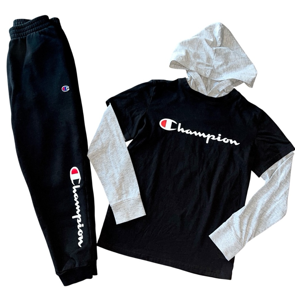 Champion Boys Sz M 2 Piece Bundle Black Gray Long Sleeve Hoodie Tee Joggers Set